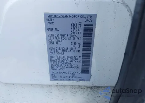 2022 Nissan Pathfinder Sl 4Wd z USA, uszkodzony, nr VIN 5N1DR3CCXNC272779